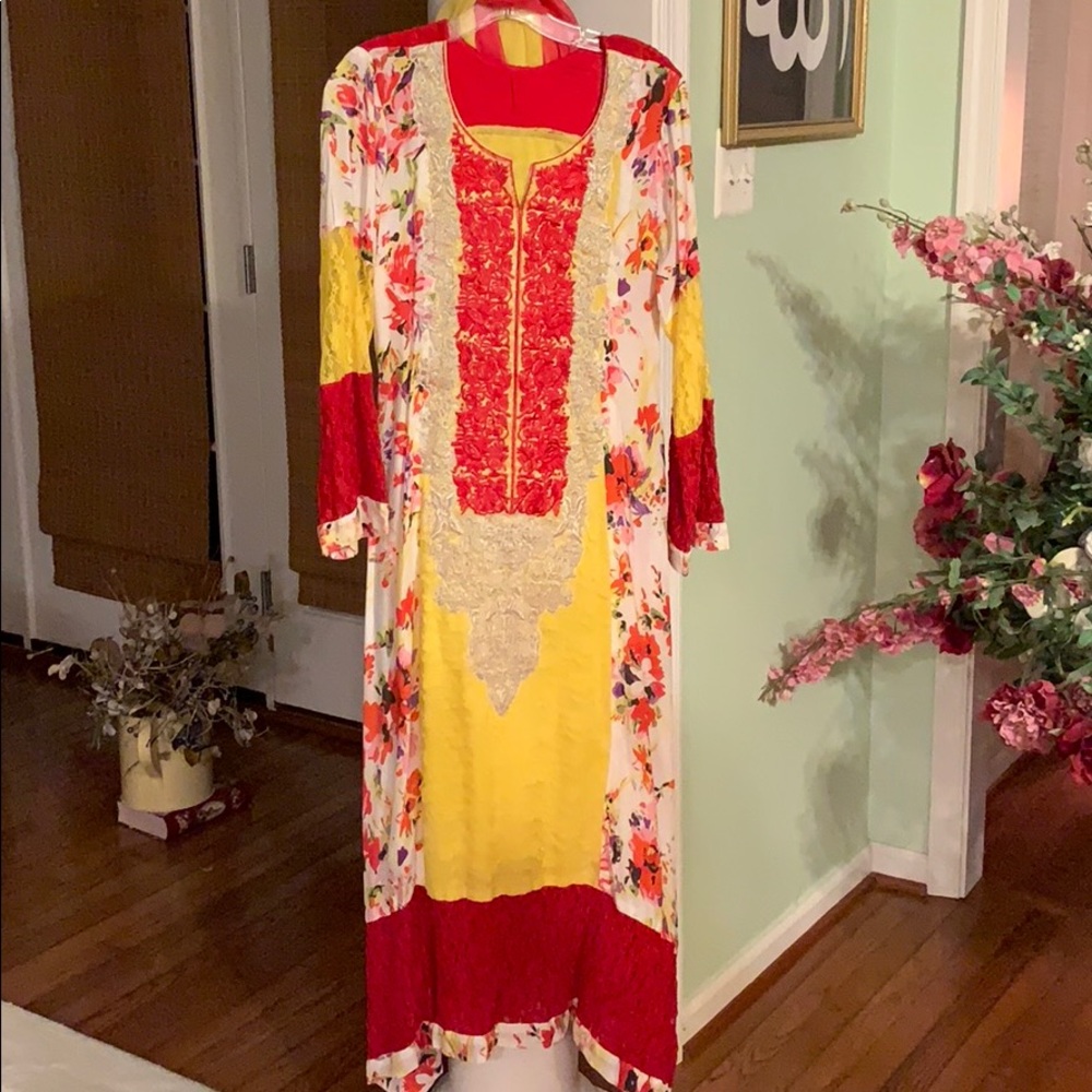 Red and yellow two piece Pakistani gown dupatta